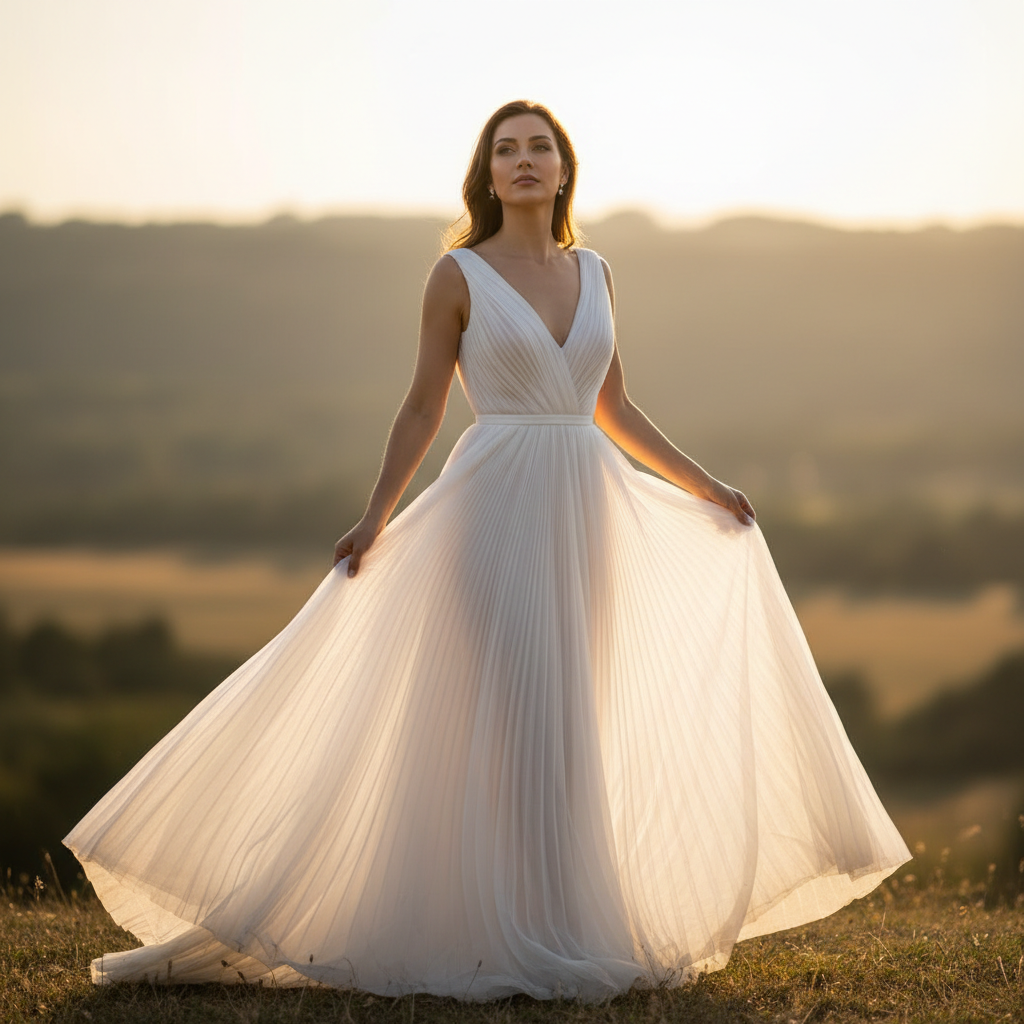 Elegant woman in flowing white dress in golden hour light — lifestyle board cover template