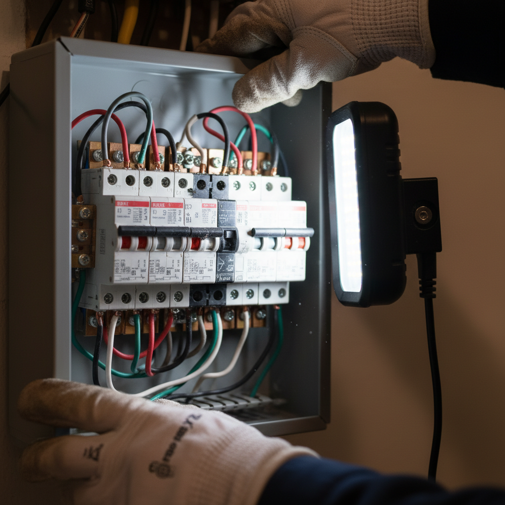 Electrician working on electrical panel, bright workshop lighting