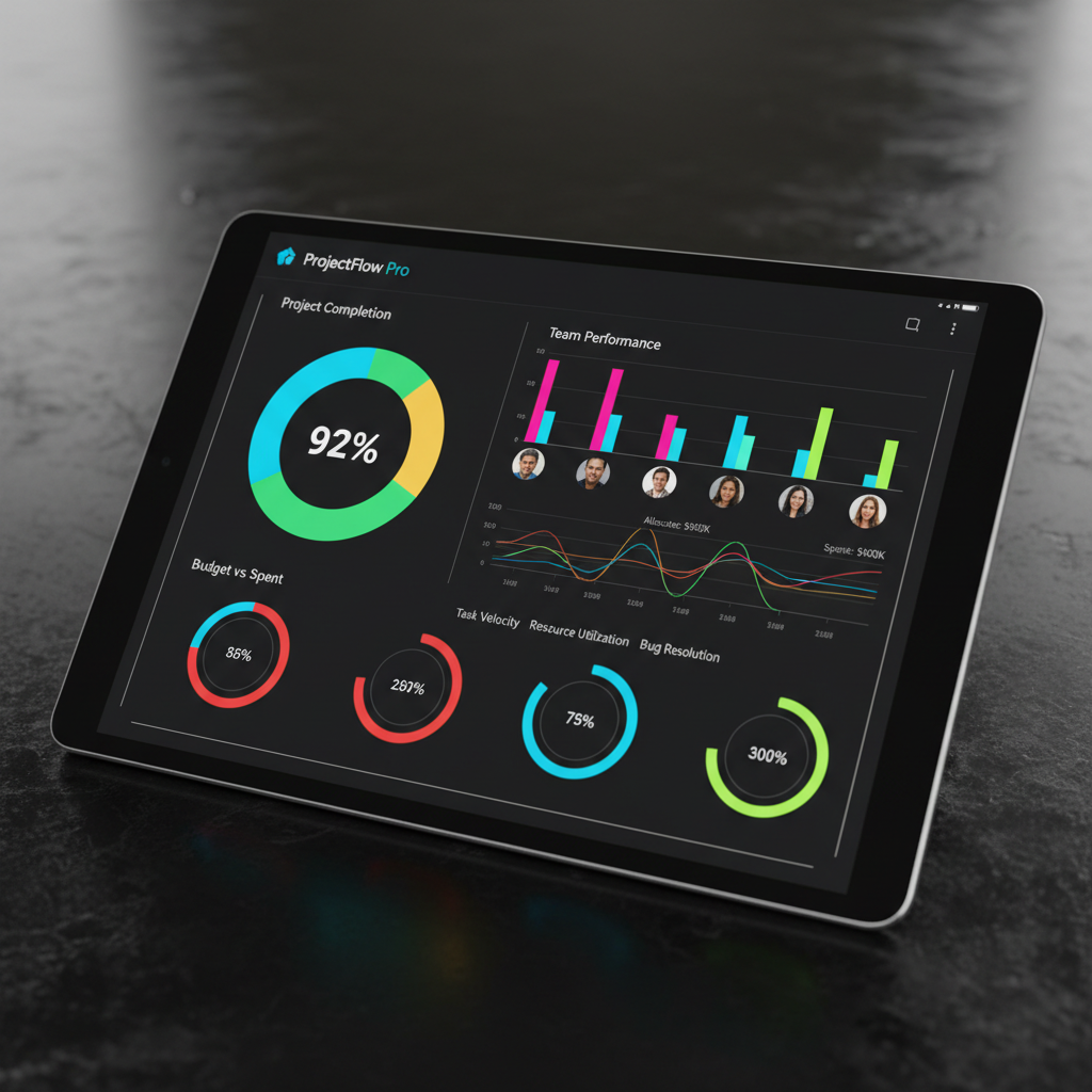 Manager reviewing team performance metrics on tablet showing productivity graphs and worker efficiency scores