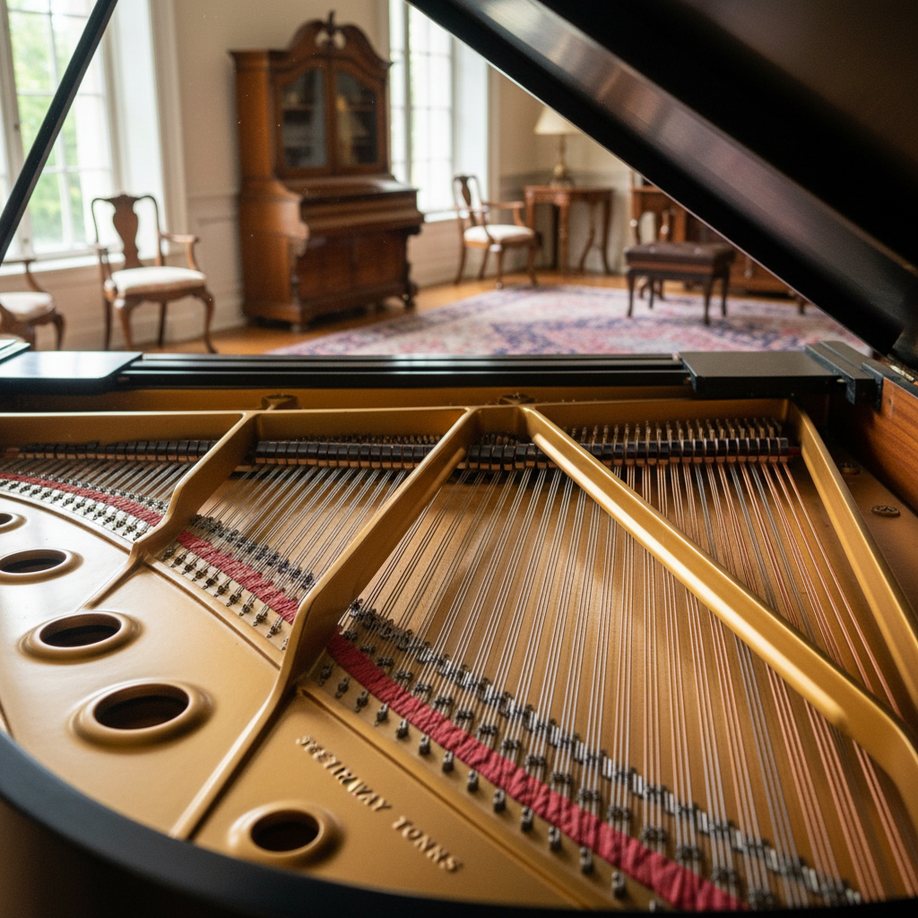 Interior of a restored vintage Steinway grand piano showing polished soundboard and new strings