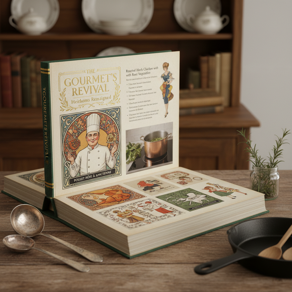 Tan paperback book with vintage illustration on a cafe table