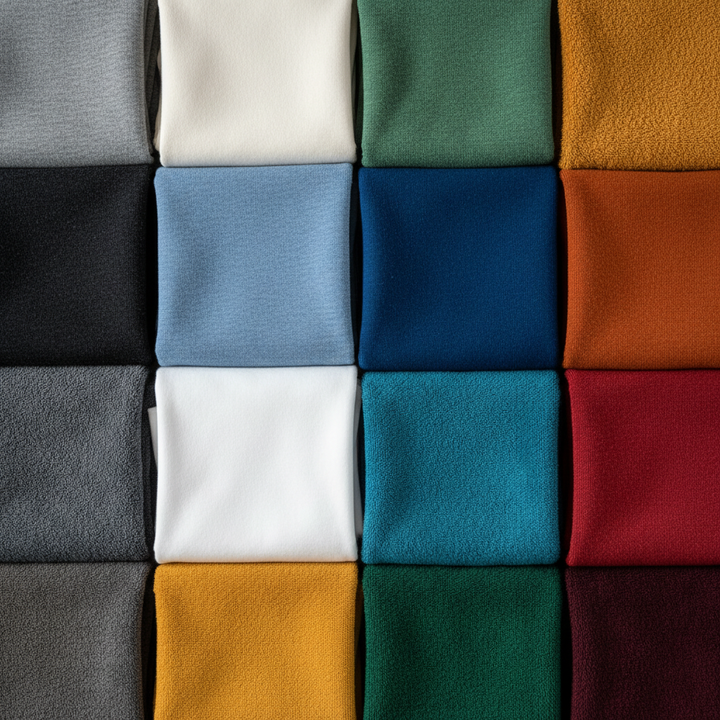 Neatly folded and color-sorted laundry arranged in a satisfying geometric grid on white surface