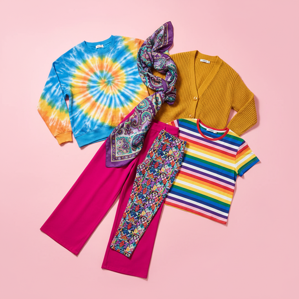 Sale fashion items on bright background, colorful clothing displayed