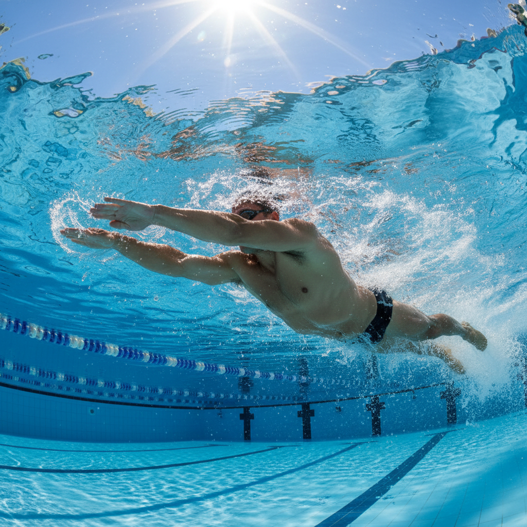 Adult swimmer practicing freestyle stroke in lane with arms extended forward