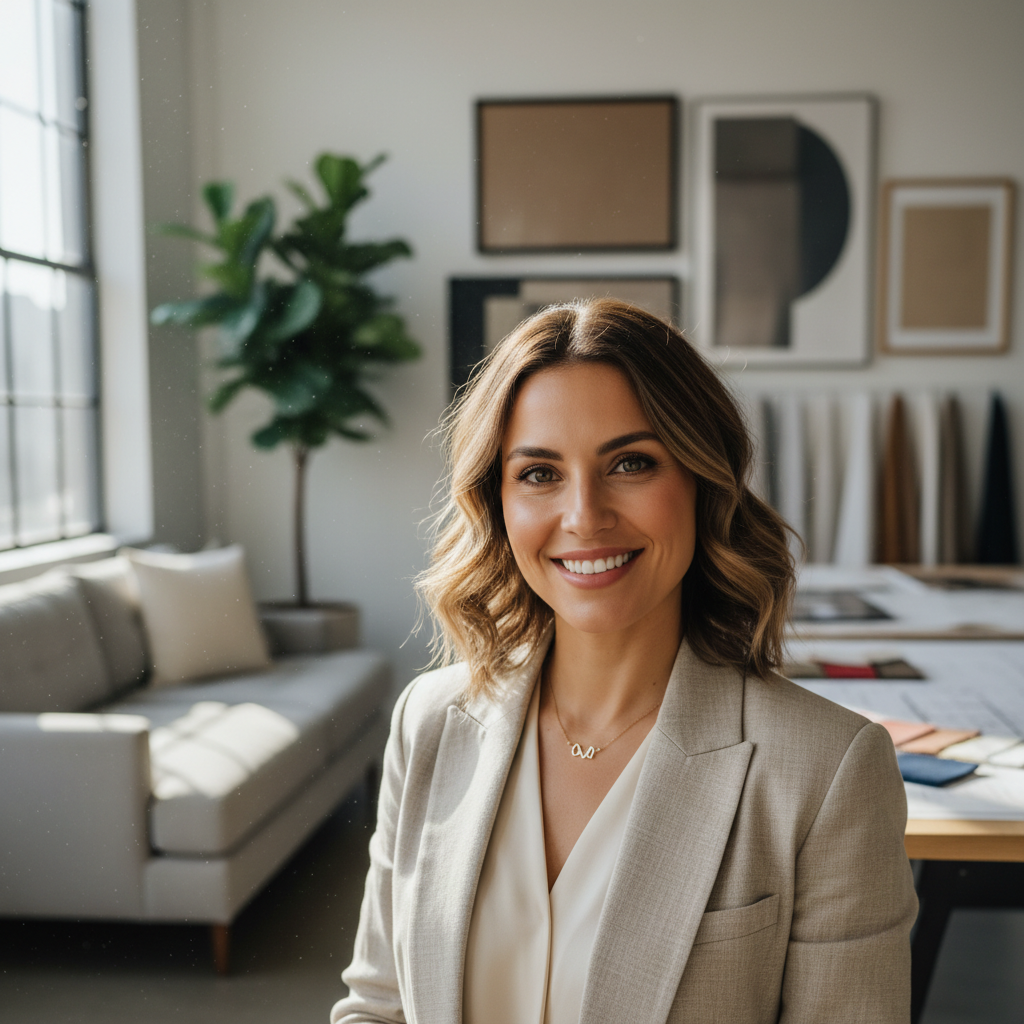 Mujer profesional con blazer beige, sonriente, fondo claro y luminoso de oficina