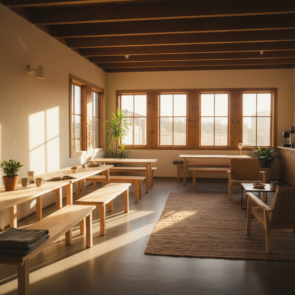 Driver lounge interior with east-facing windows, warm light, simple wood furniture