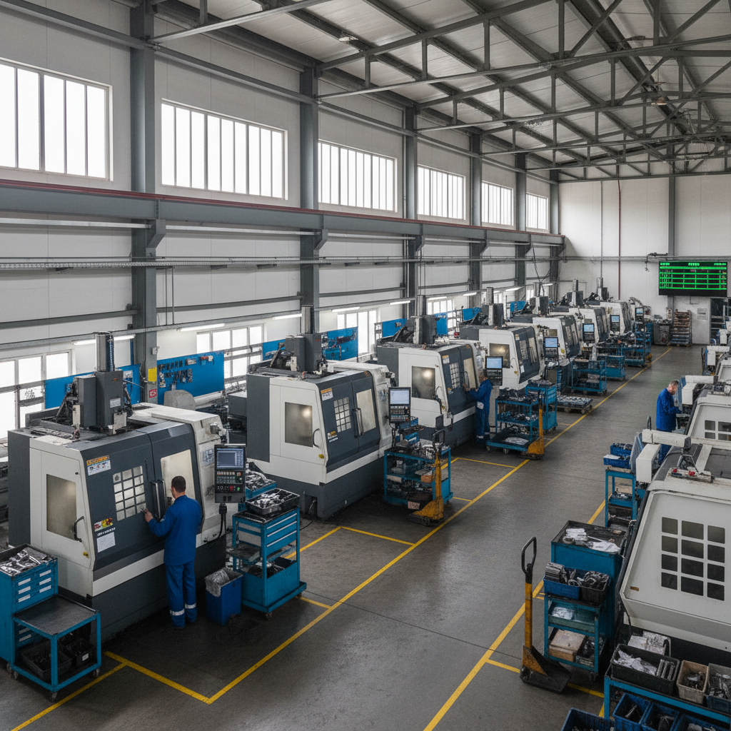 Interior manufacturing floor with high clerestory windows flooding the workspace with natural light, CNC machines visible