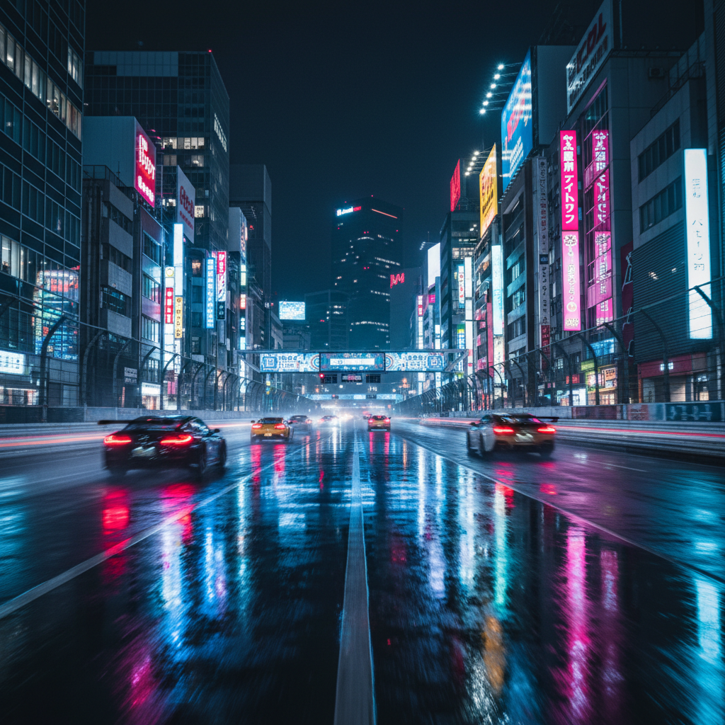 Tokyo city lights at night from above, dark sky, neon glow reflecting on wet streets, urban density
