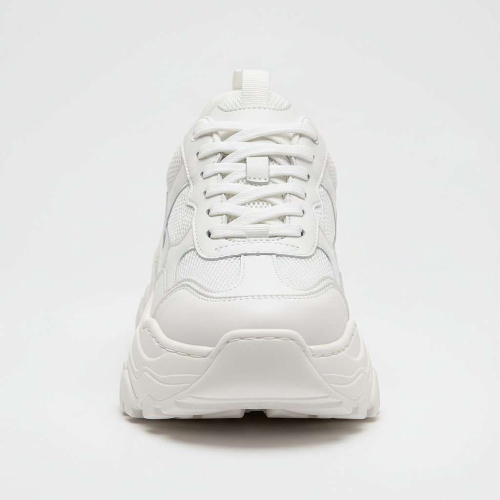 Chunky white platform sneakers on clean white background, product photography