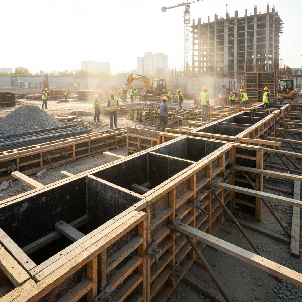 Dramatic photograph of assembled slab formwork with steel props, complex system formwork, dim shadows in industrial construction environment