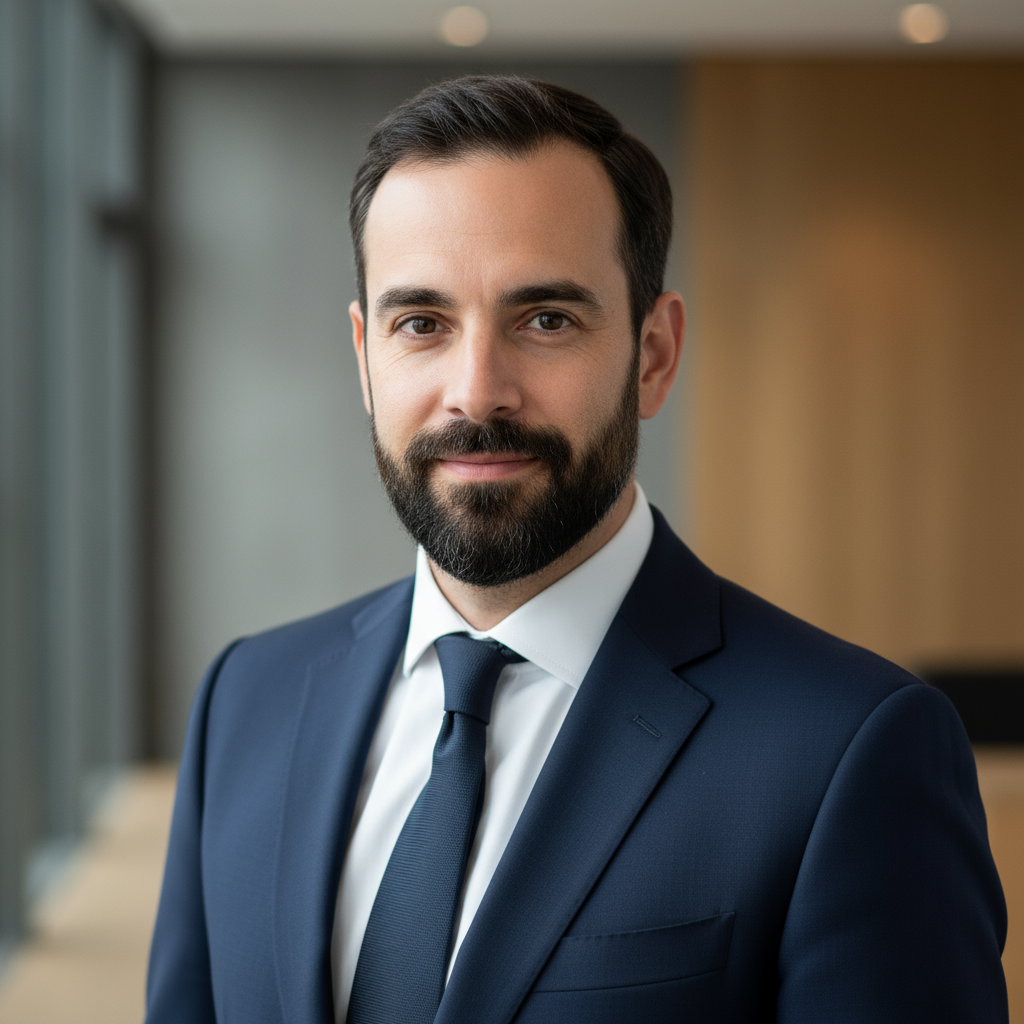 Professional headshot of French businessman in navy suit with confident smile in modern office