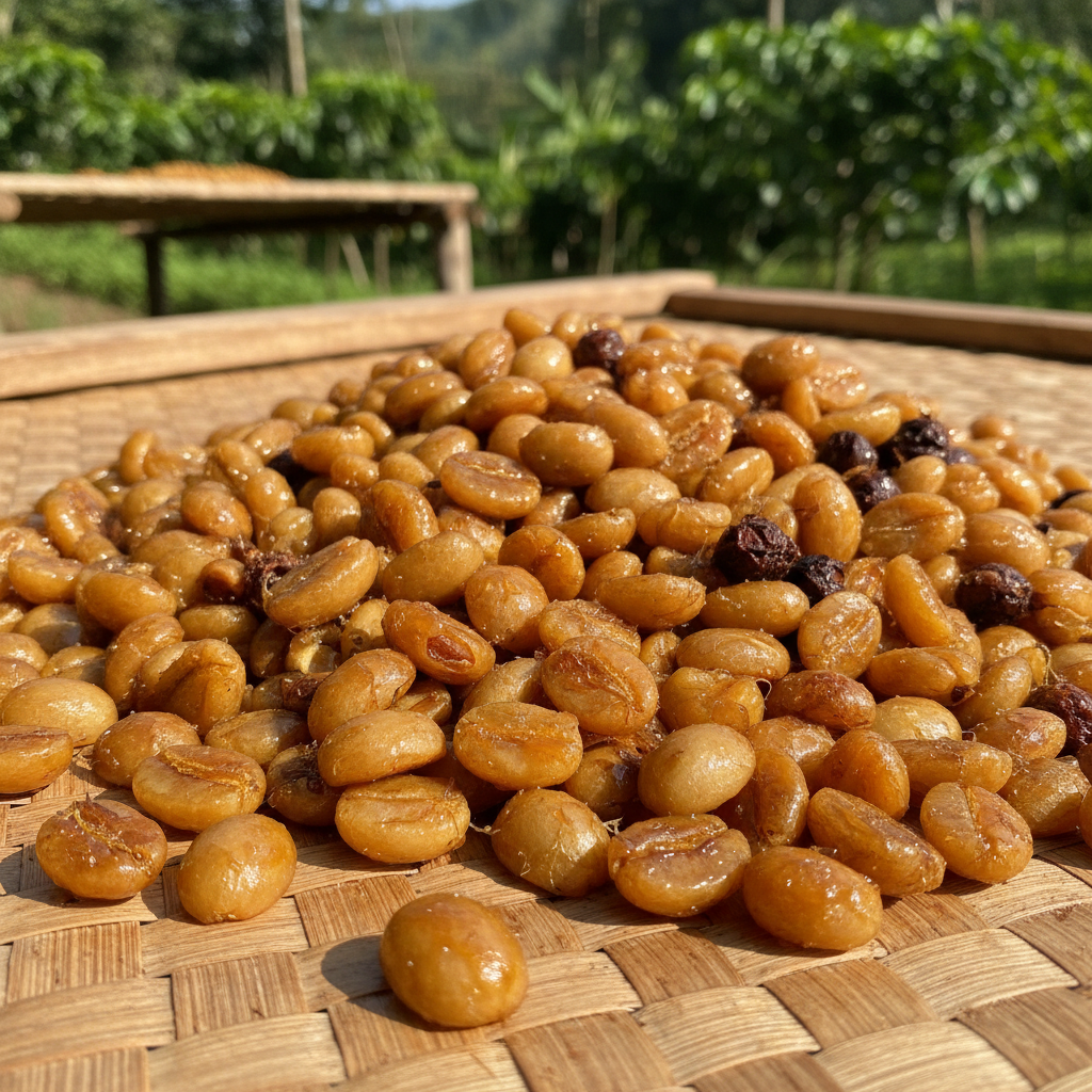 Cashews drying on woven bamboo mats in Kerala morning light, shadows long and geometric