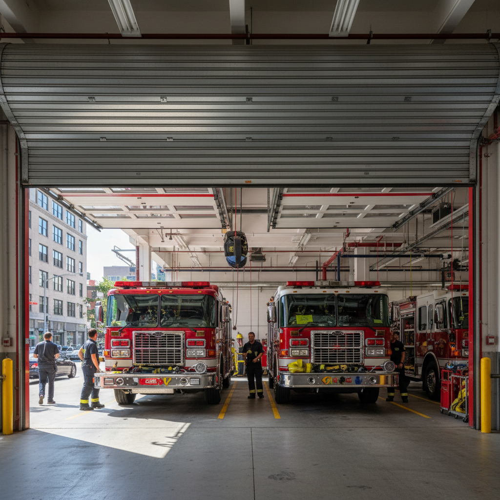Rolling steel door fully retracted above a commercial fire station bay with trucks visible inside