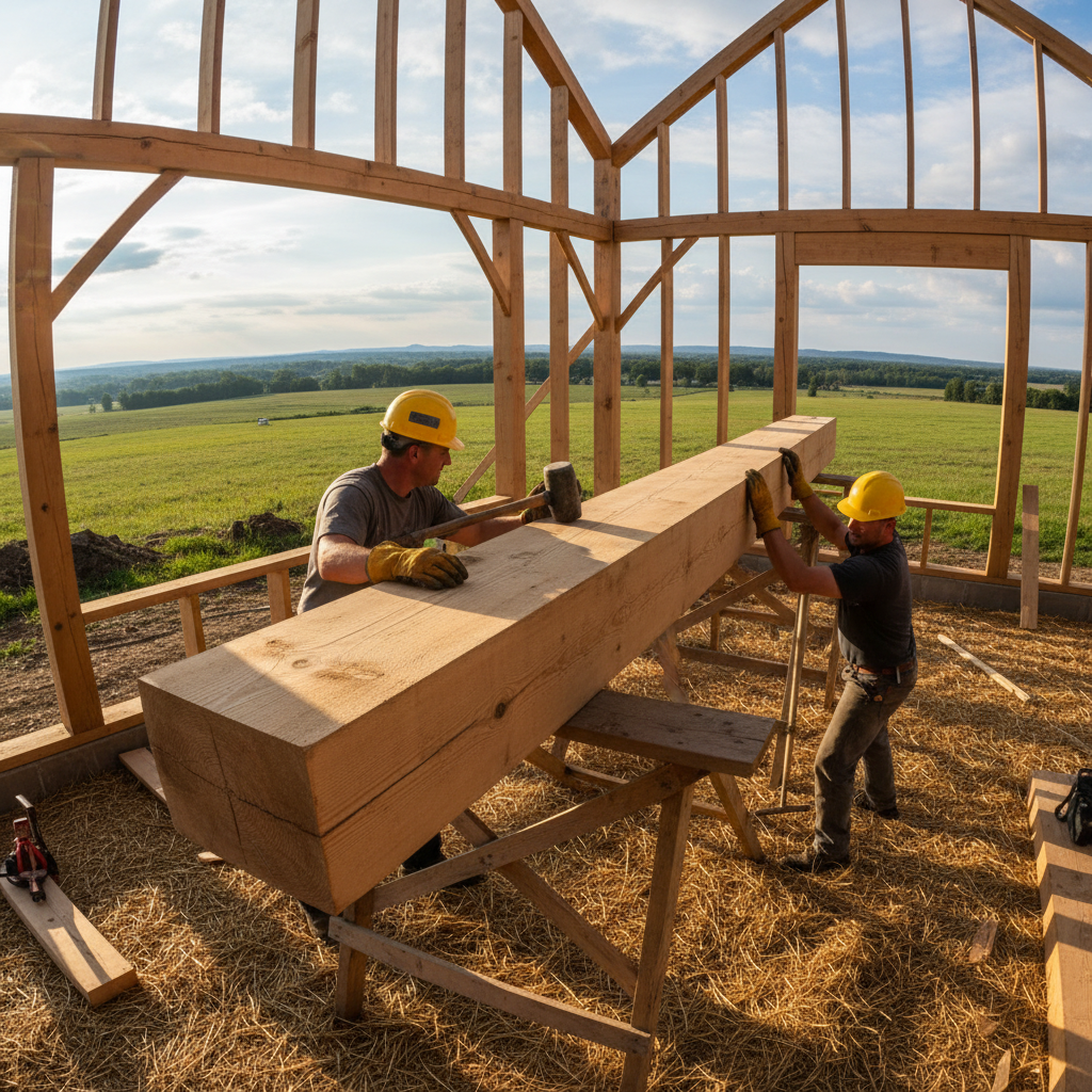 Thumbnail of timber frame raising episode — two figures positioning a heavy beam, natural light through open structure