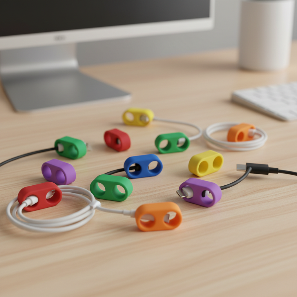 Colorful cable organizer clips on desk