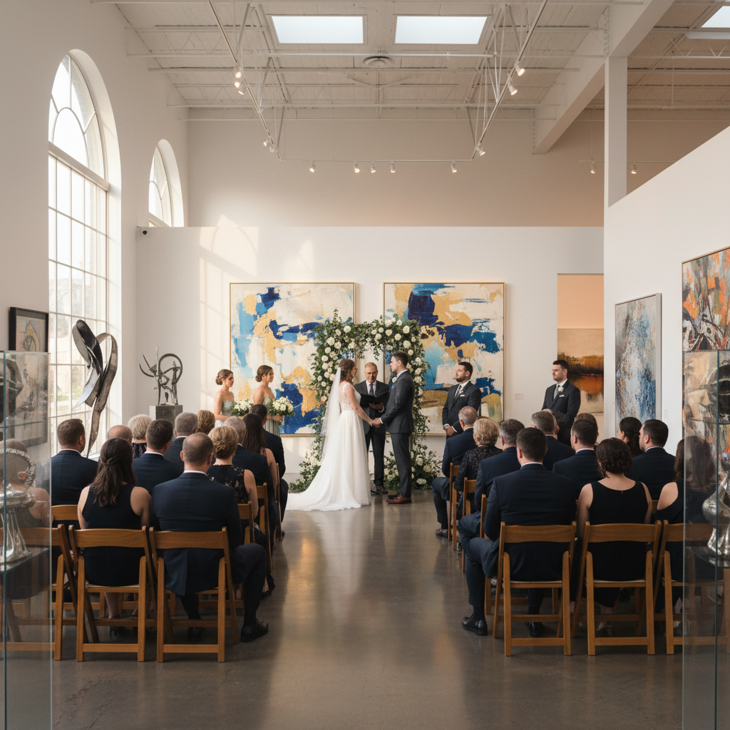 Wedding ceremony moment with bride and groom at the altar, soft natural light filtering through windows
