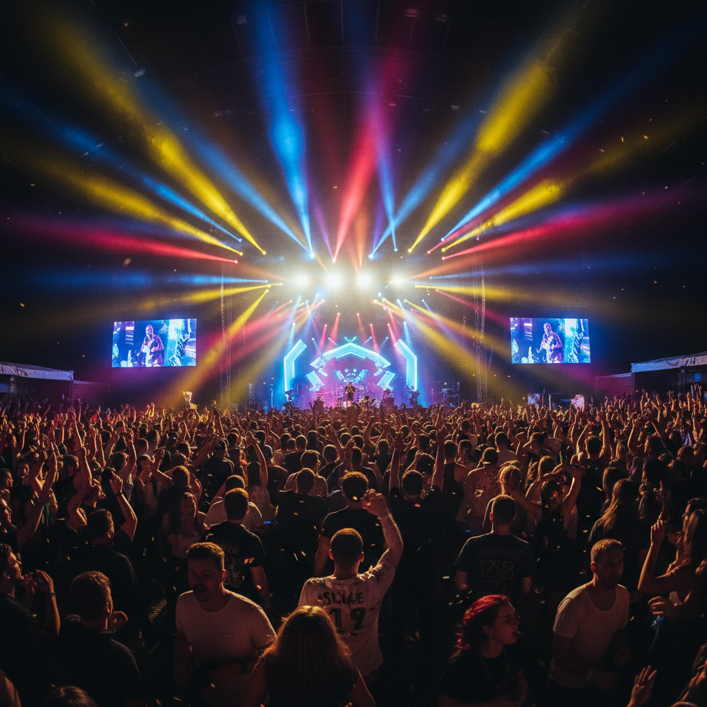 Concert crowd with colorful stage lights, energetic music event atmosphere, vibrant lighting effects