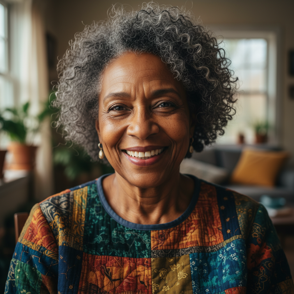 Older Black woman smiling warmly, silver-streaked hair