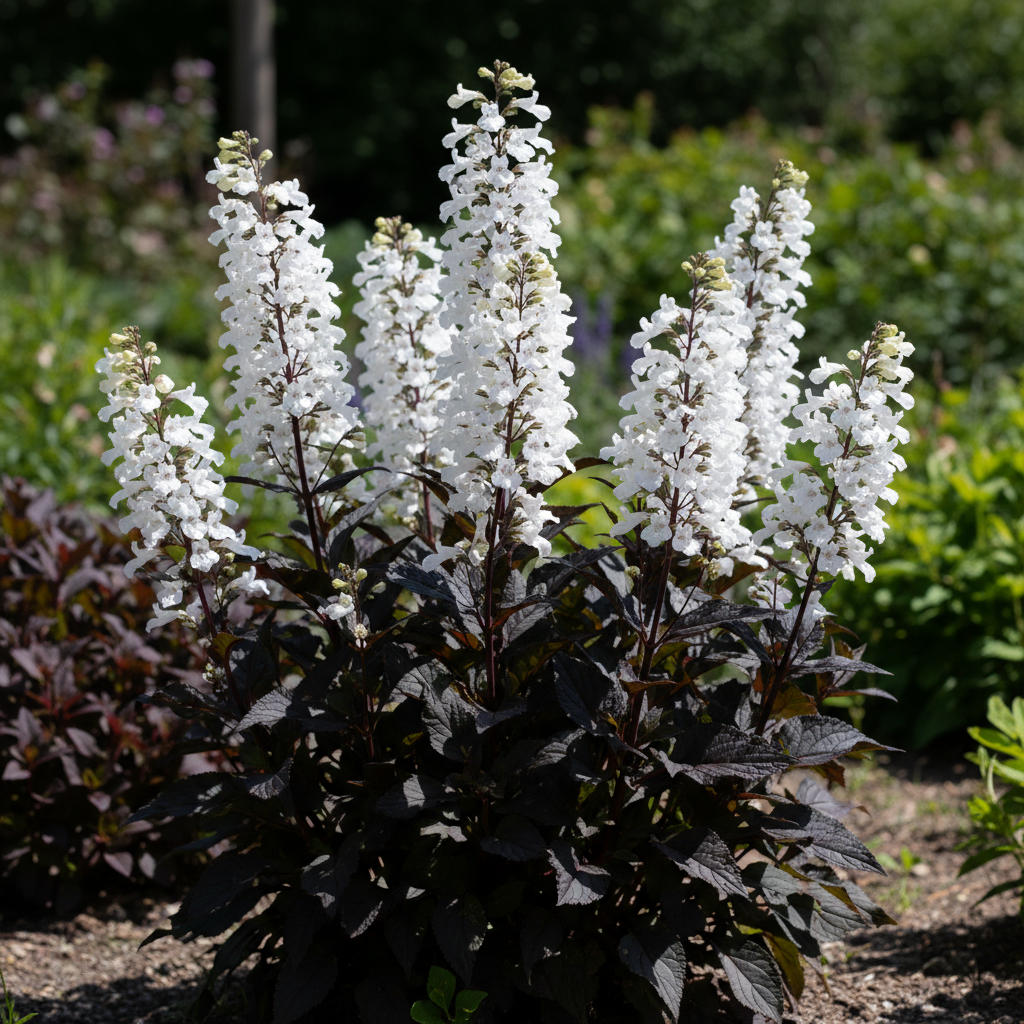 Husker Red penstemon with dark burgundy foliage and white flower spikes