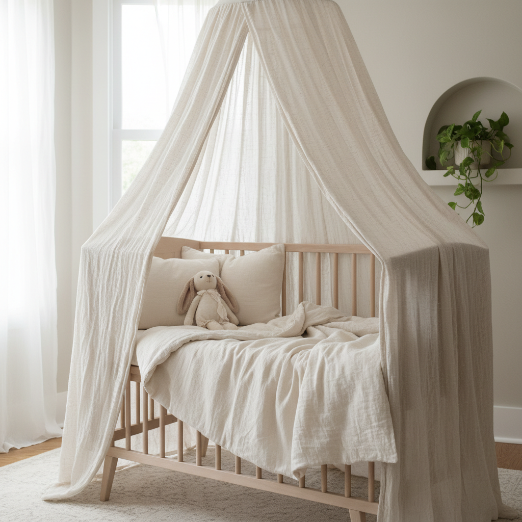 Beautifully styled crib sanctuary with ivory linen, muslin canopy, and soft rabbit toy
