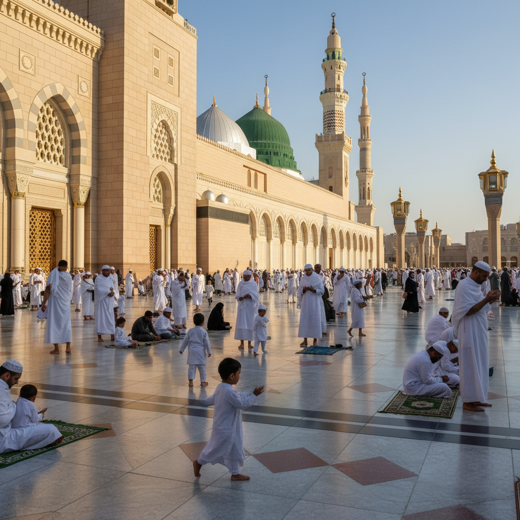 Keluarga Muslim lengkap dengan anak-anak berpakaian ihram di Masjidil Haram