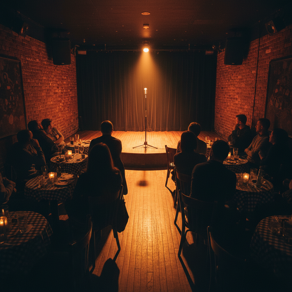 Comedy club stage with microphone stand under warm spotlight