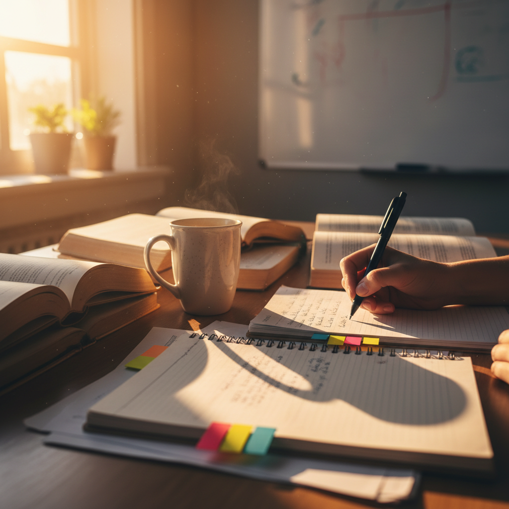 Teacher's desk with open books, coffee mug casting a long shadow, colored sticky tabs fanning from a planner, and a hand mid-annotation with a felt-tip pen in golden-hour light