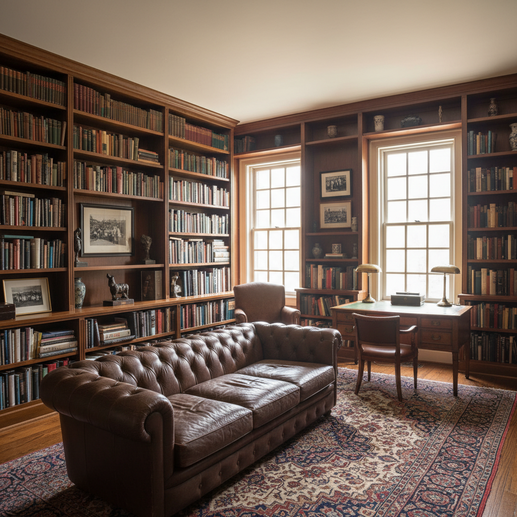 Premium architectural preview of luxury study room with floor-to-ceiling bookshelves, custom leather seating, and dramatic pendant lighting
