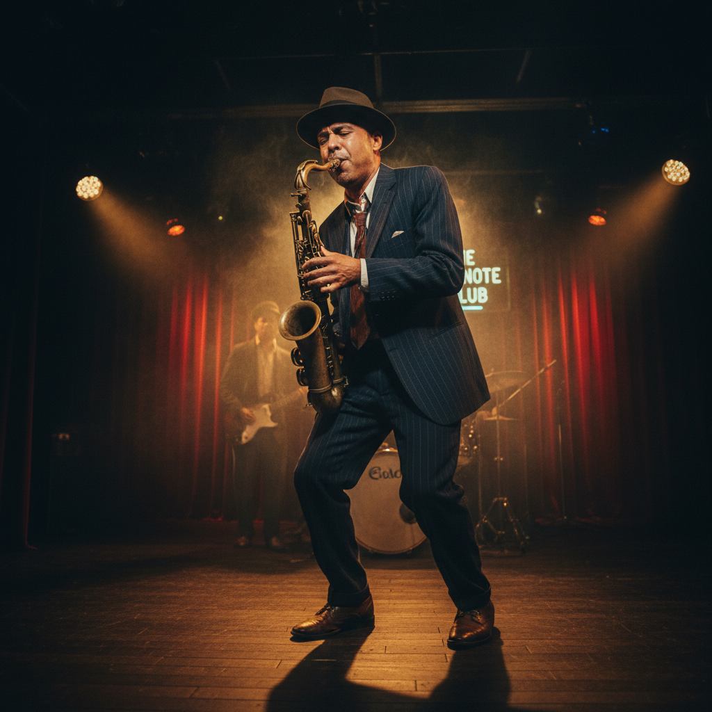 Saxophonist on stage under amber spotlight in a dark jazz venue, crowd silhouettes in background