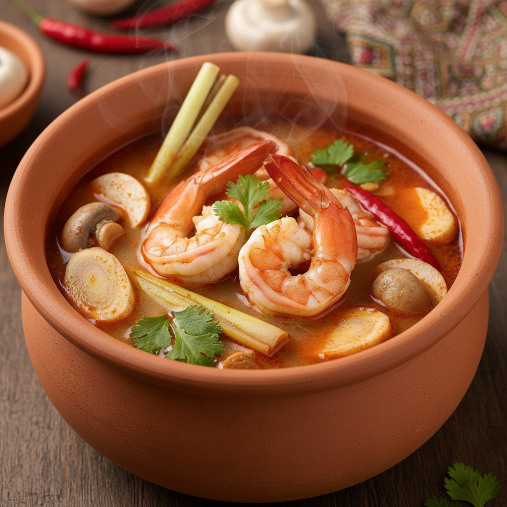 Bowl of Tom Yum soup with shrimp, lemongrass and mushrooms in rich orange broth, steam rising, dark background