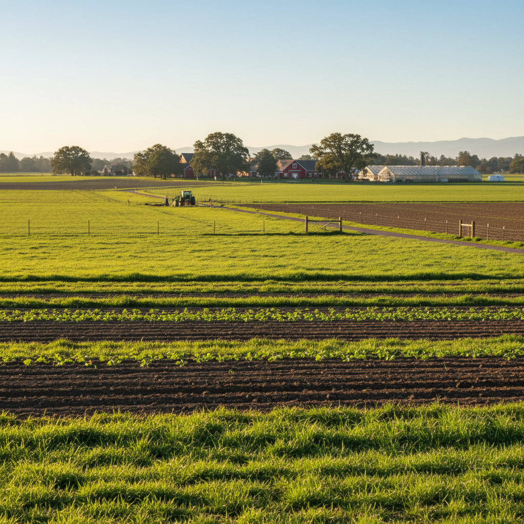 Wide farm field with a barn in the distance at midday