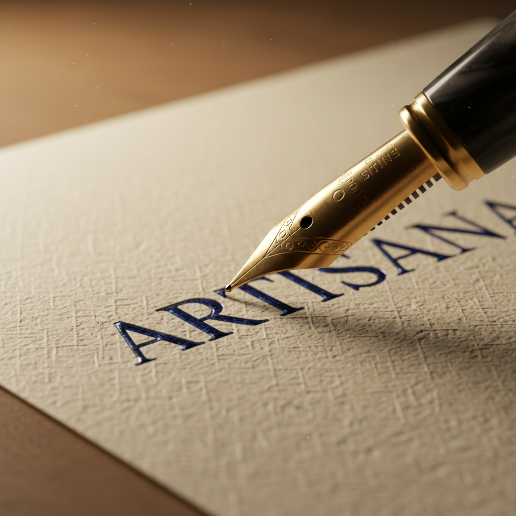 Fountain pen nib scratching a headline onto textured paper stock with ink pooling in letterforms under ambient desk light