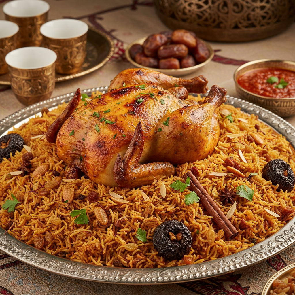 Slow-roasted lamb shoulder falling apart on a bed of saffron rice with toasted almonds