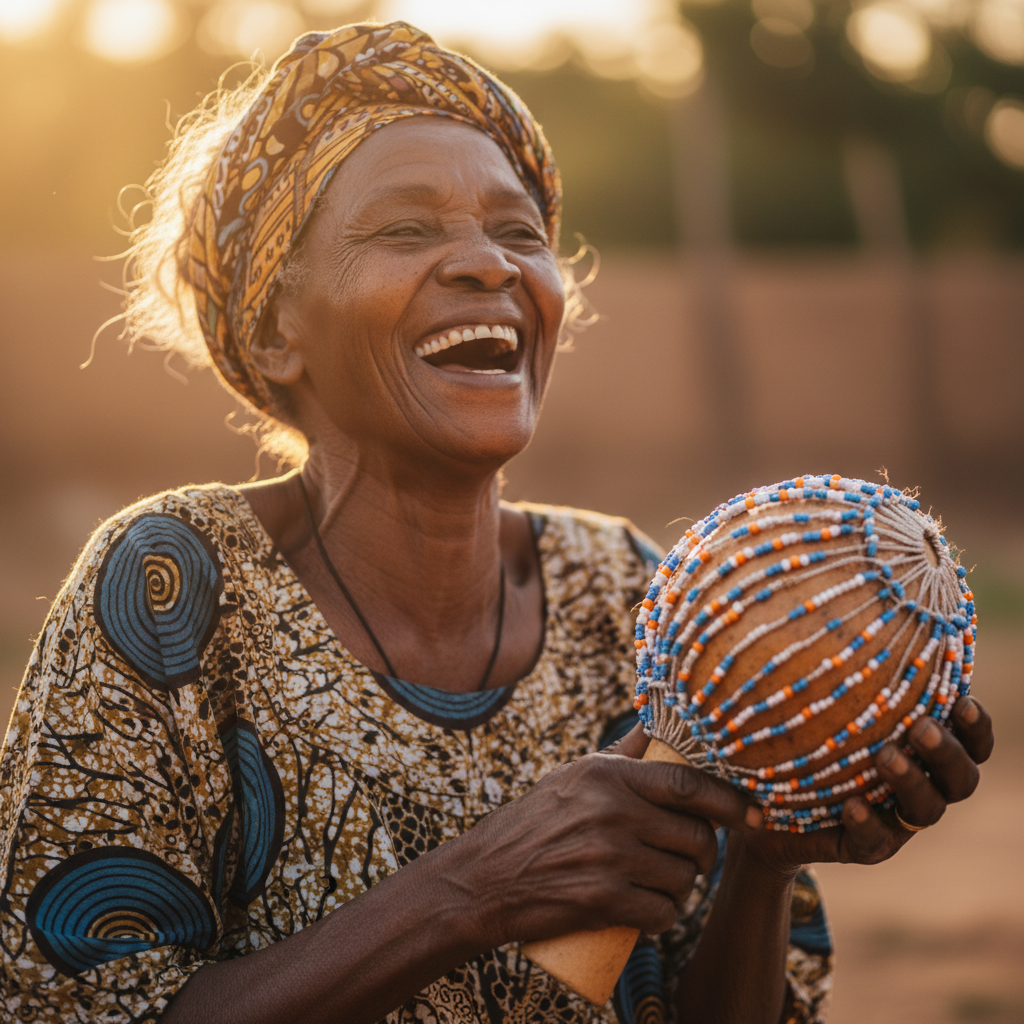 Grandmother mid-laugh holding a shekere rattle during circle gathering