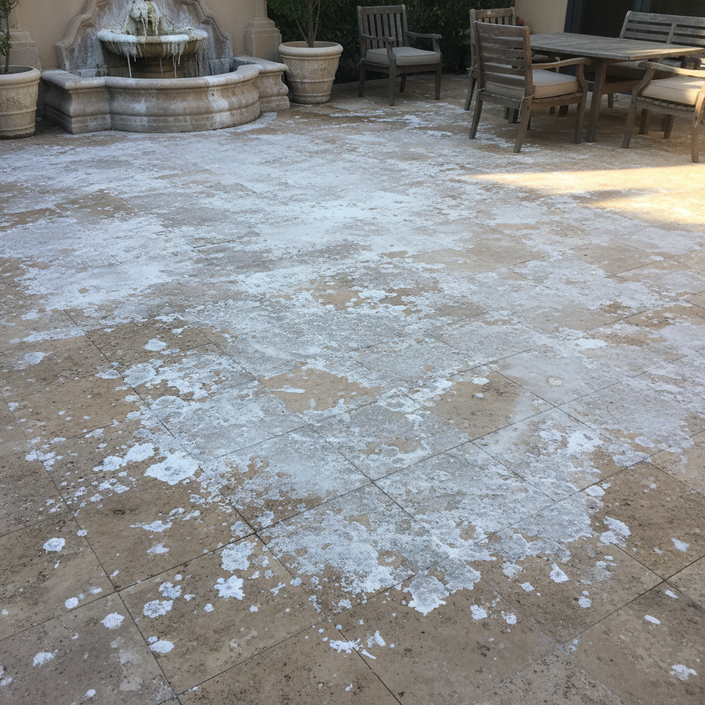 Travertine patio with heavy calcium deposits, water stains, and dull surface finish