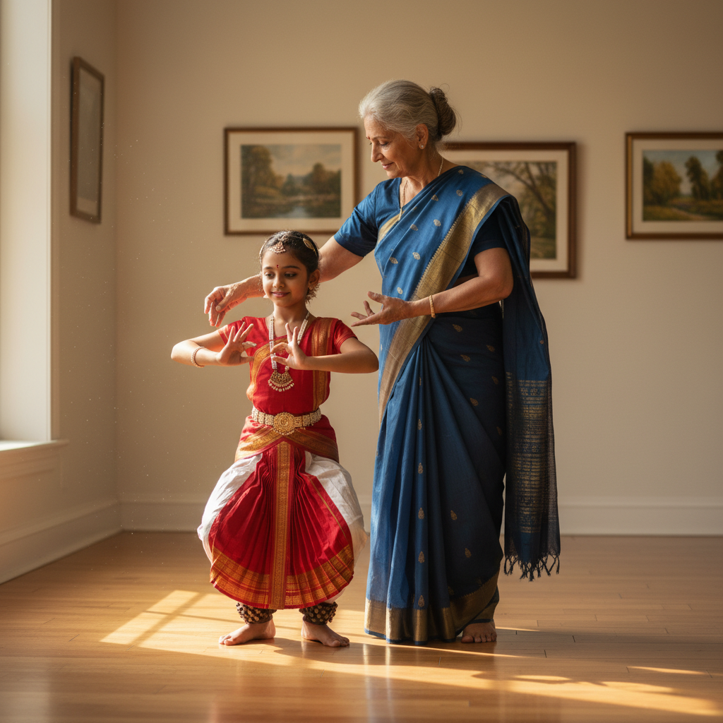 Grandmother teaching grandchild classical dance moves