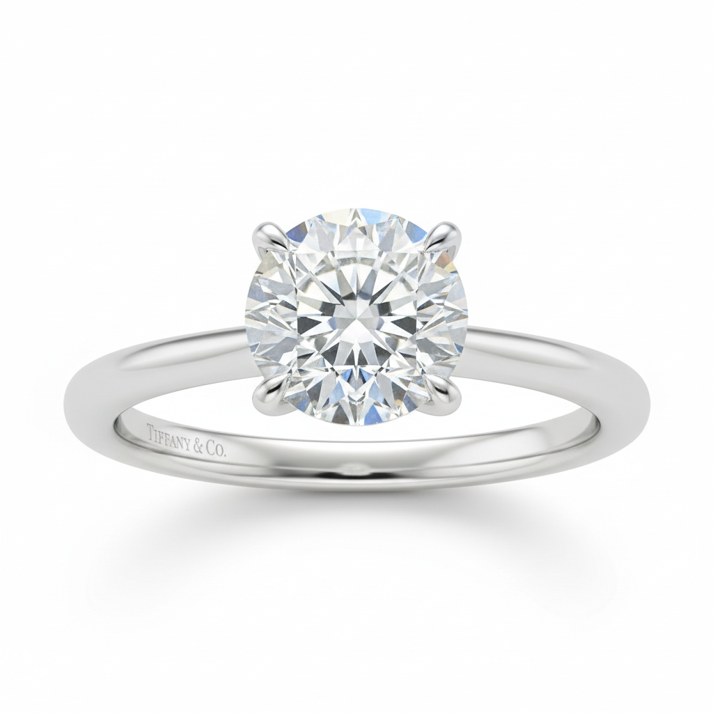 Tiffany solitaire diamond engagement ring on white background