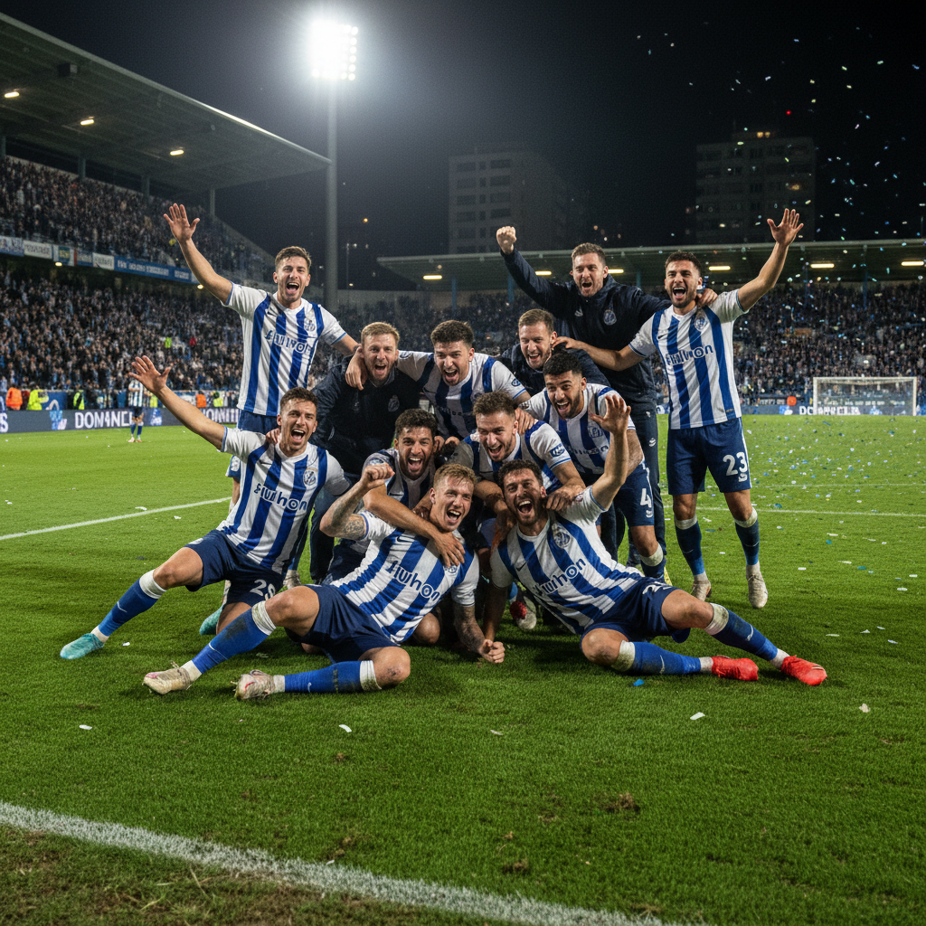 Youth football players celebrating on a bright green field under stadium lights, energetic team huddle, vibrant athletic atmosphere