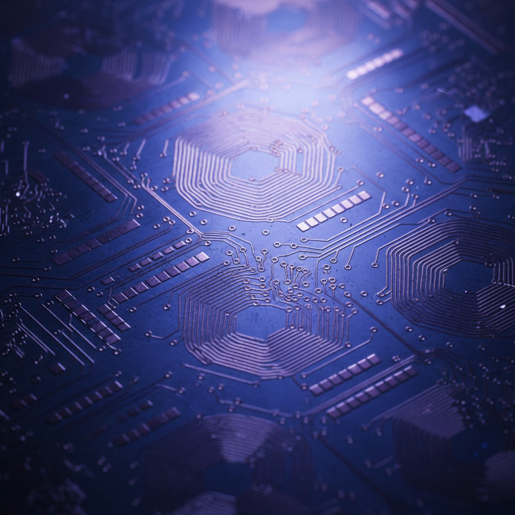Macro photograph of semiconductor chip with metallic interconnects on dark substrate, blue tinted lighting