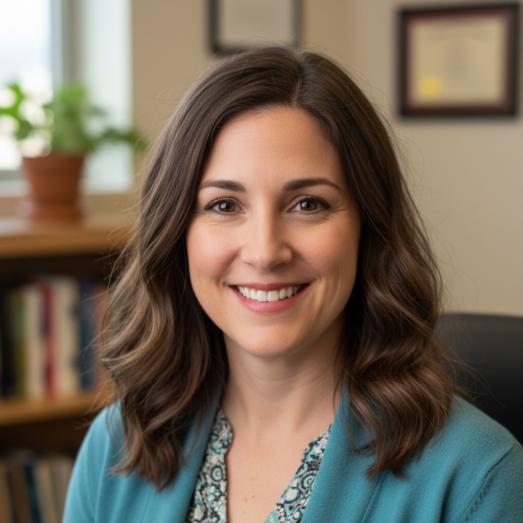 Ms. Reyes, a school counselor with warm brown hair smiling at camera