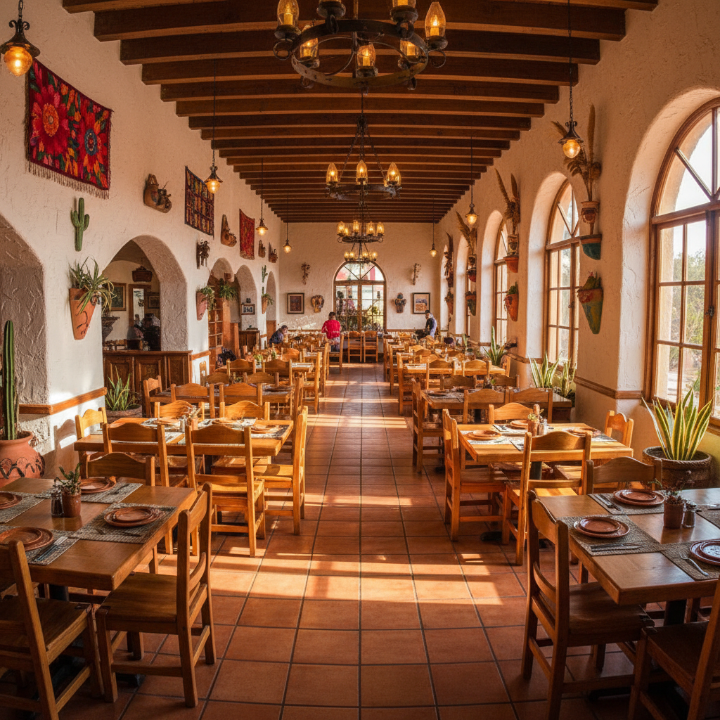 Warm interior of upscale Mexican restaurant with colorful decor, ambient lighting, and wooden tables