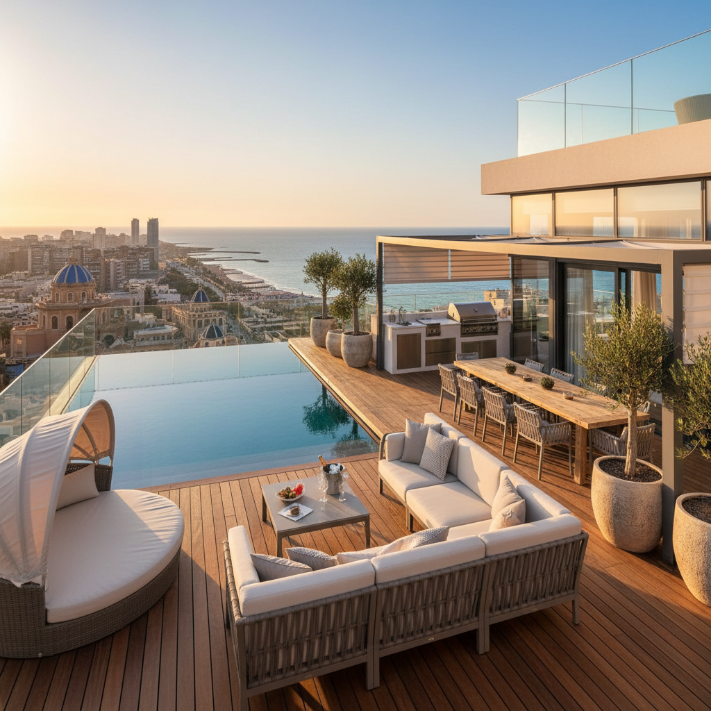 Luxury penthouse rooftop terrace with outdoor sofa and infinity pool, panoramic sea view at dusk, warm ambient lighting