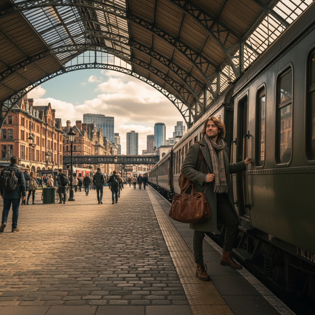 Traveler stepping off a train into an unknown city, looking around with a quiet smile