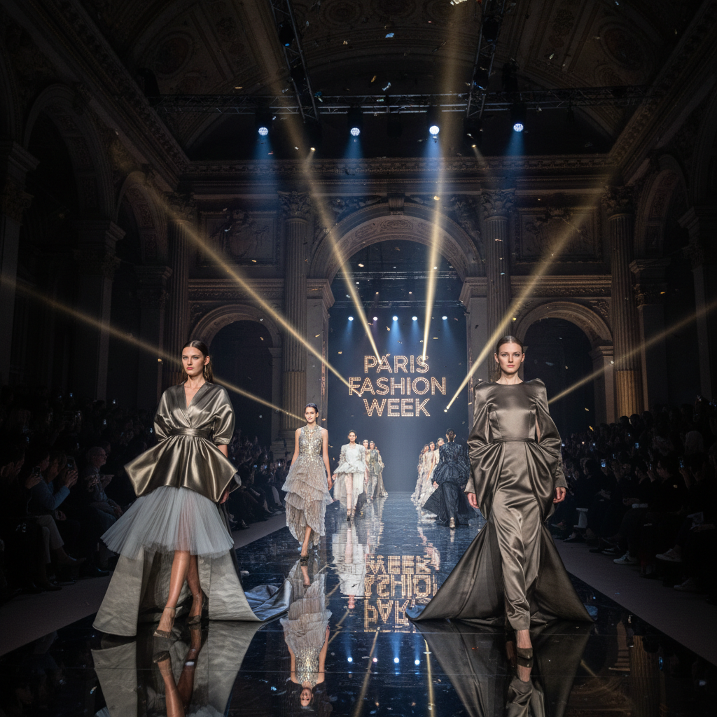 Paris fashion week runway show, dramatic theatrical lighting, models in structured gowns, grand venue architecture