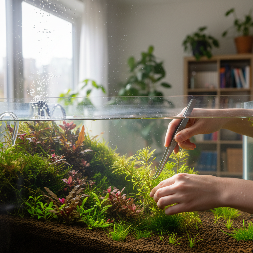 Hands arranging aquatic plants in a Dutch-style planted display tank with CO2 diffuser visible