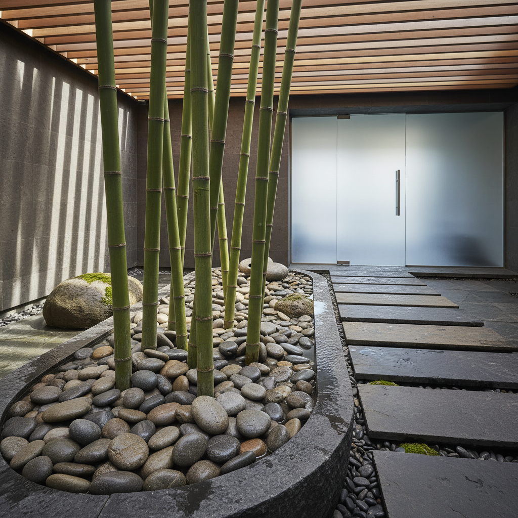 Bamboo and river stones arranged decoratively at a spa entrance