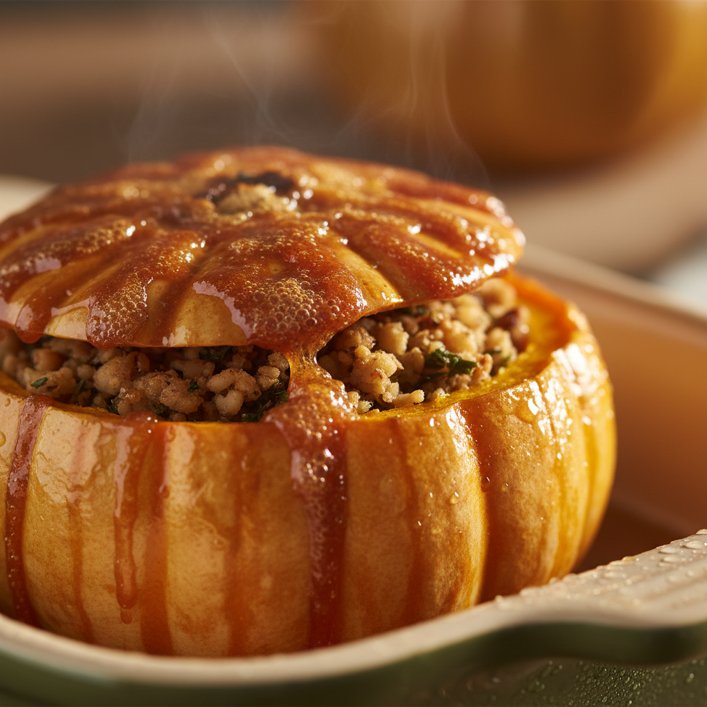 Close-up of miso caramel bubbling at the edges of a stuffed delicata squash in a cast iron pan, golden light