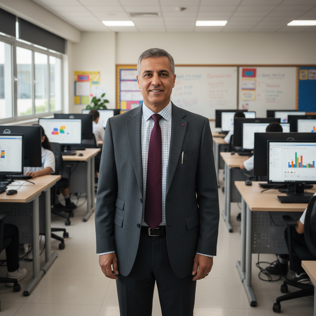 Smiling young man at computer learning graphic design, bright educational setting