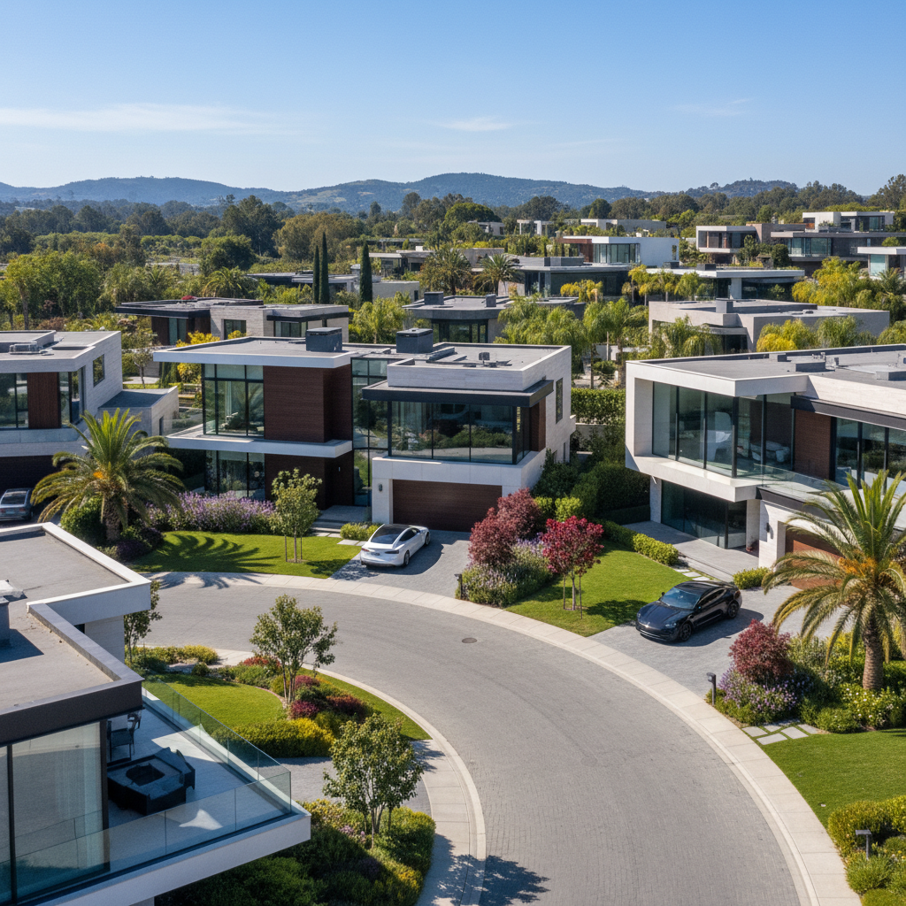 Aerial view of a luxury residential neighborhood with tree-lined streets and upscale homes