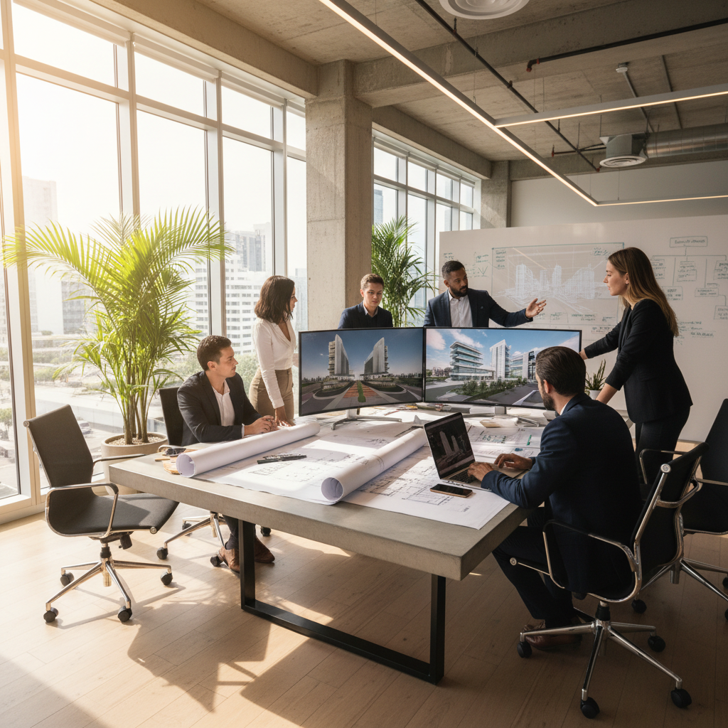 Technology professionals in a bright modern office reviewing architecture diagrams on large monitors, collaborative workspace